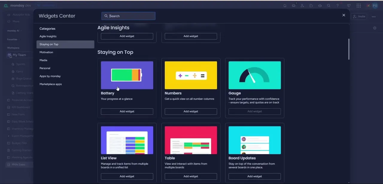 The Widgets Center's Staying on Top category, showing Battery, Numbers, Gauge, List View, Table, and Board Updates widgets available to add.