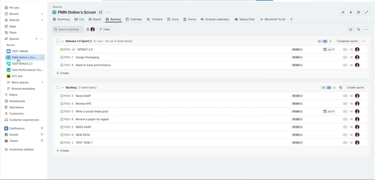 A Jira Scrum backlog with an active sprint above it — the kind of space ClickUp's Jira integration reads issues from.