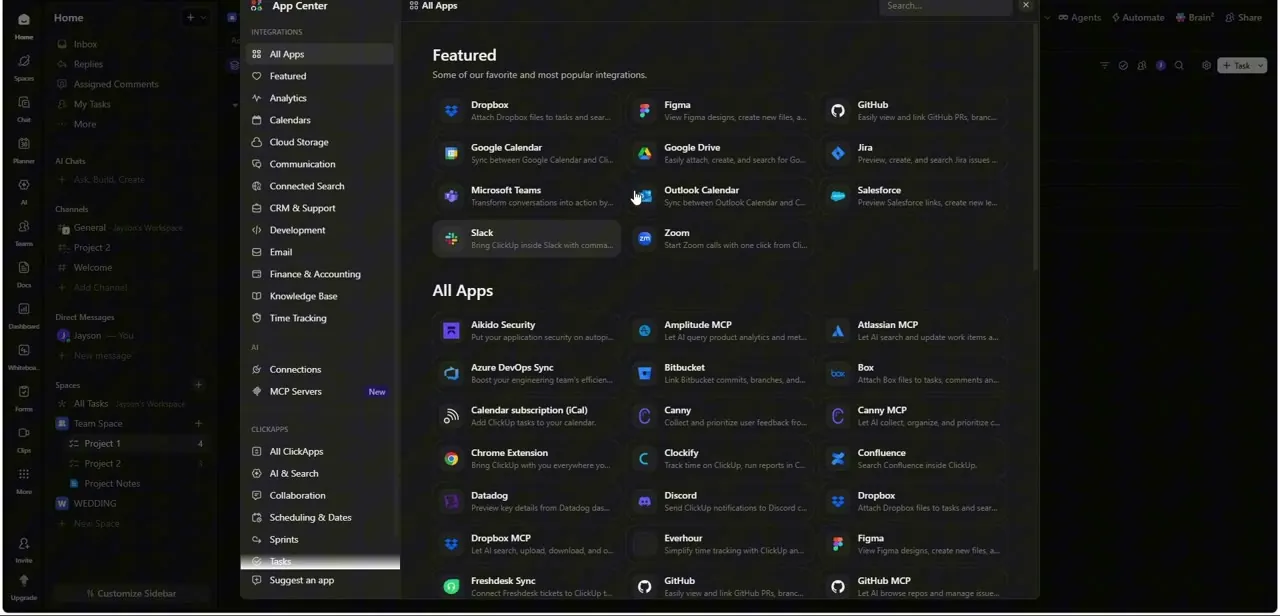 ClickUp's App Center, with Jira listed as a Featured integration alongside Slack, GitHub, and Google Drive.