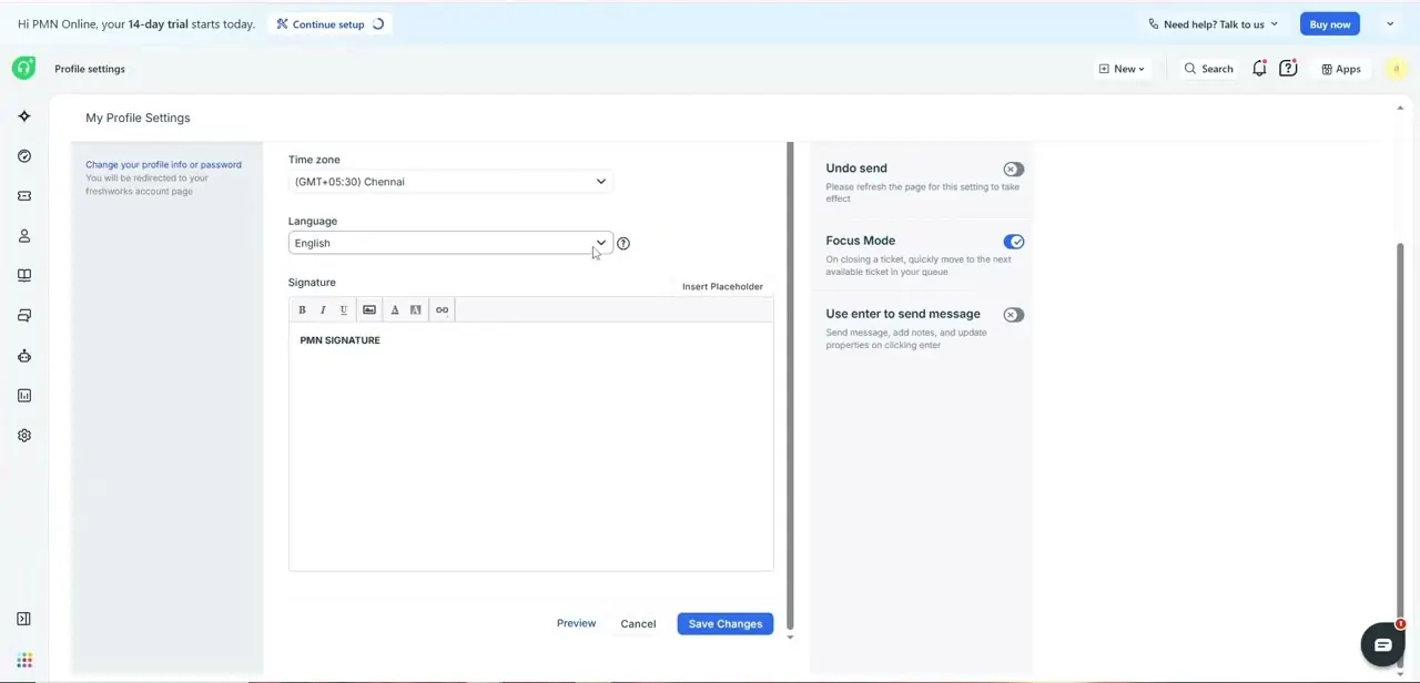 The My Profile Settings page, showing time zone, language, and signature fields alongside personal preferences like Focus Mode and Undo send.