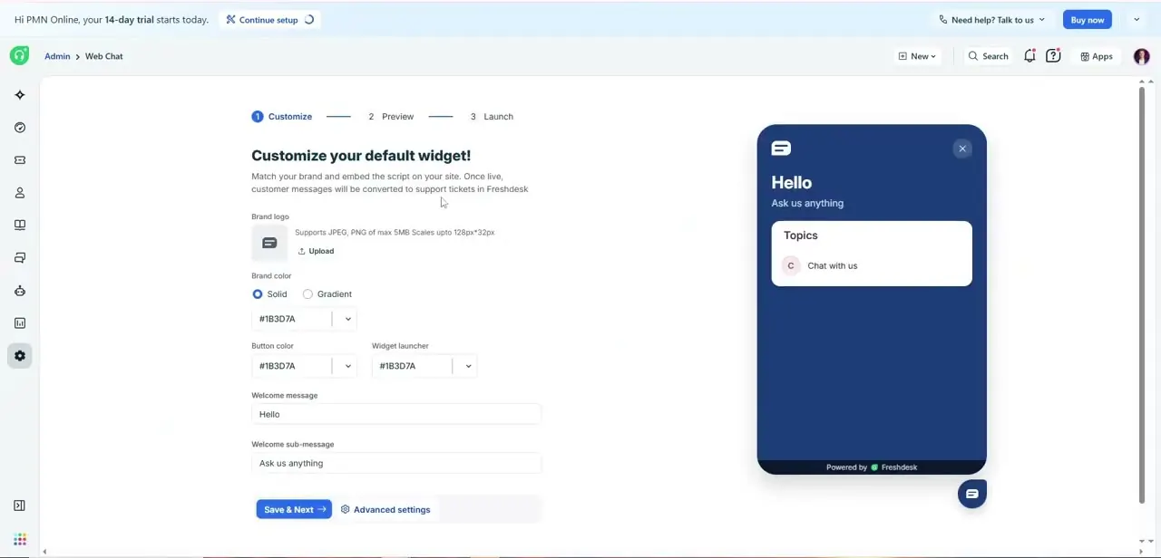 The Customize screen for the default web widget, with brand color and welcome message fields on the left and a live widget preview on the right.