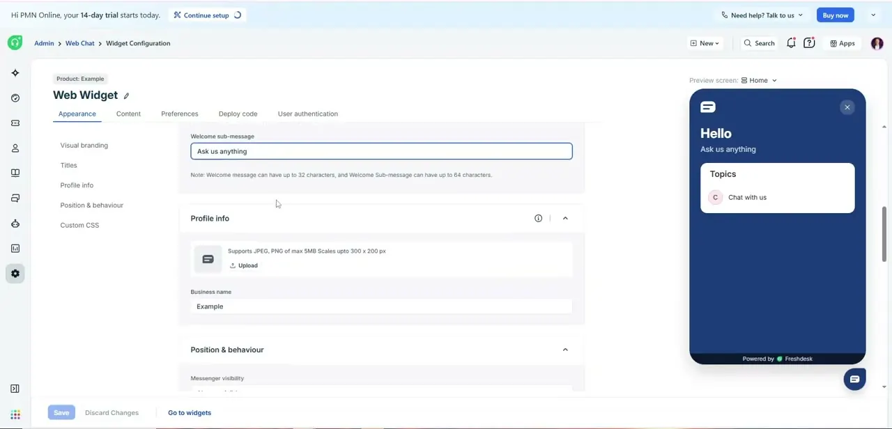 The Profile info section with a Business name field, and the start of Position & behaviour settings just below it.