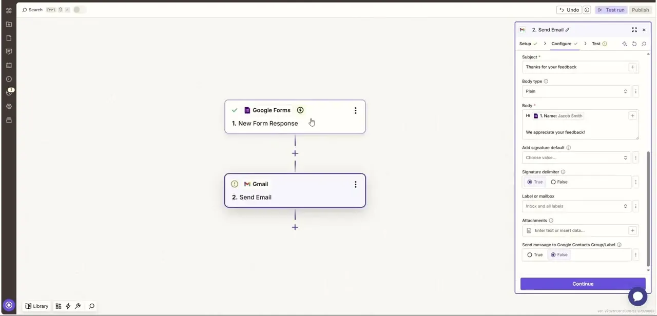 A two-step Zap connecting a Google Forms "New Form Response" trigger to a Gmail "Send Email" action, with the email's Subject and Body configured to pull in the form respondent's name.