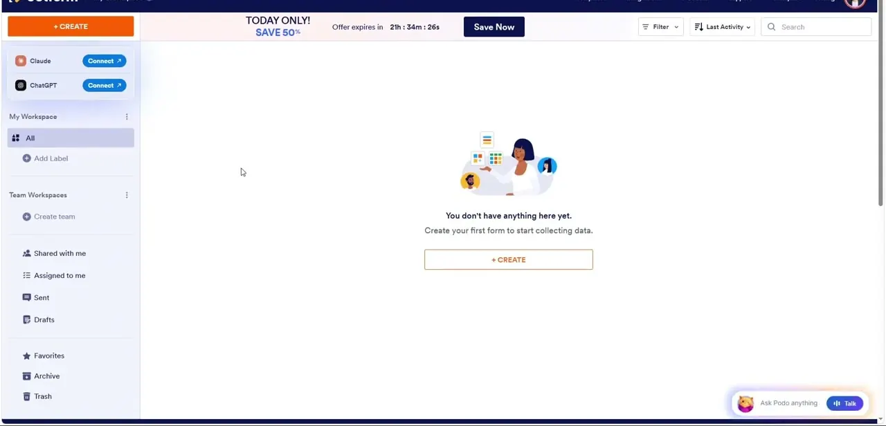 A fresh Jotform workspace with nothing built yet — just the Create button and an empty-state illustration.