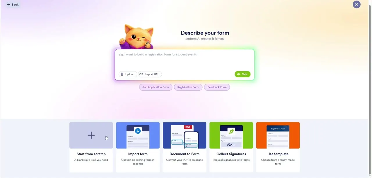 The Describe your form screen, where Jotform's AI builds a form from a text prompt, an uploaded document, or a spoken description.