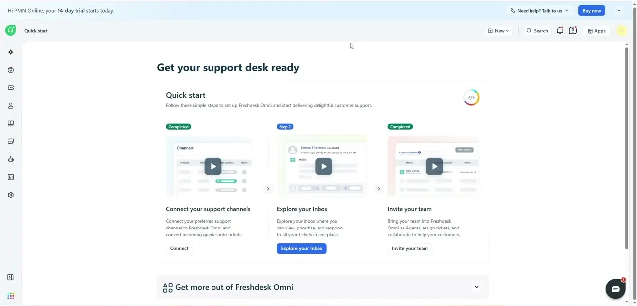 The Quick start checklist, with "Invite your team" as the third step alongside connecting support channels and exploring your inbox.