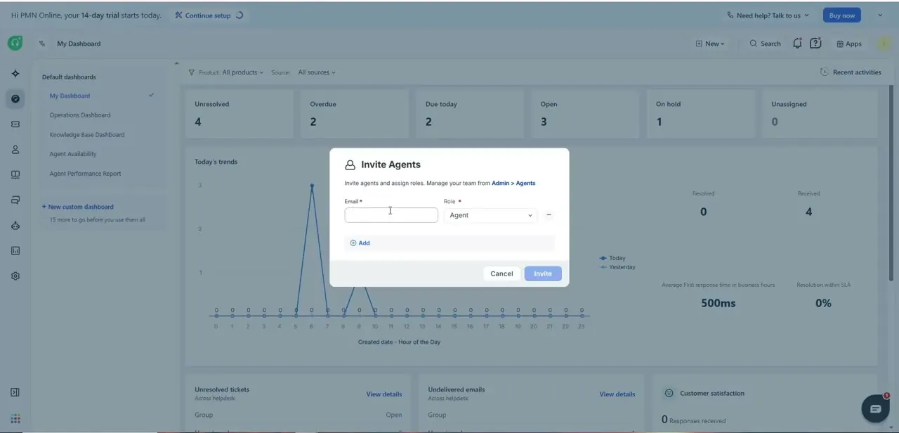 The Invite Agents dialog, with an Email field, a Role dropdown set to Agent, and an Add link for inviting more than one person at once.