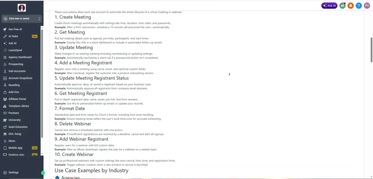 The full list of workflow actions Zoom For Workflows adds, from creating a meeting to registering and approving webinar attendees.