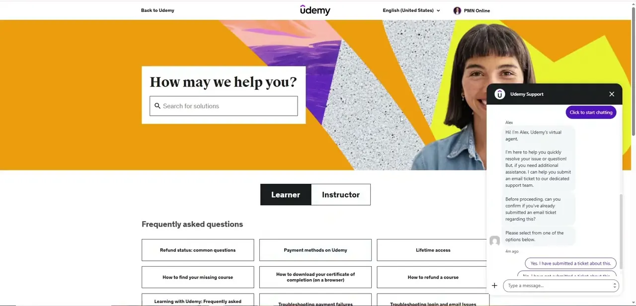 The Udemy Support chat widget, with virtual agent "Alex" asking whether you've already submitted an email ticket before proceeding further.