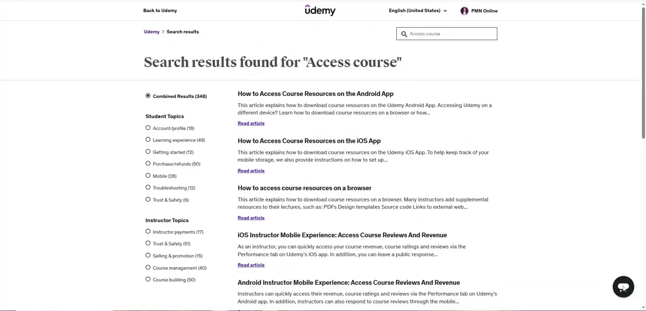 Udemy's help center search results for "Access course," filtered by Student and Instructor topic categories with matching articles listed below.