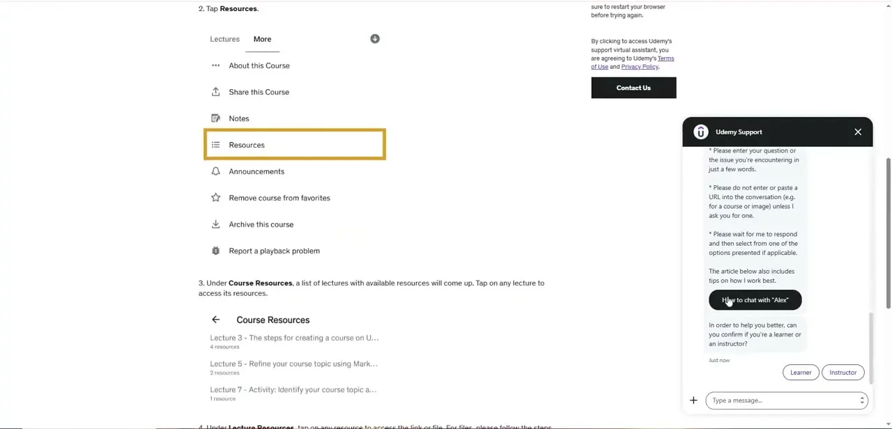 Support chat continuing from within a course page, asking whether you're a learner or instructor before routing the request — with Contact Us available as a fallback.