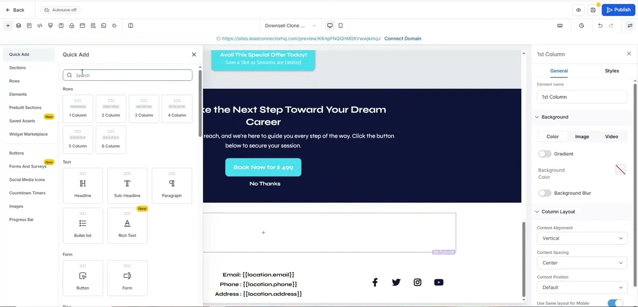 The Quick Add panel in the GoHighLevel site editor, listing rows and elements including the Custom Code block used for embeds.