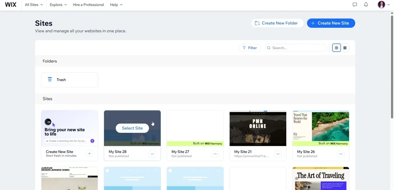 The Wix Sites dashboard, listing every site in the account with an option to create a new one.