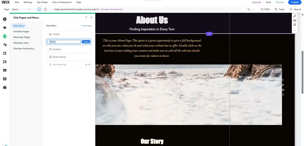 The Site Pages and Menu panel, listing Home, About, Portfolio, and Book Online as separate pages with their own navigation entries.
