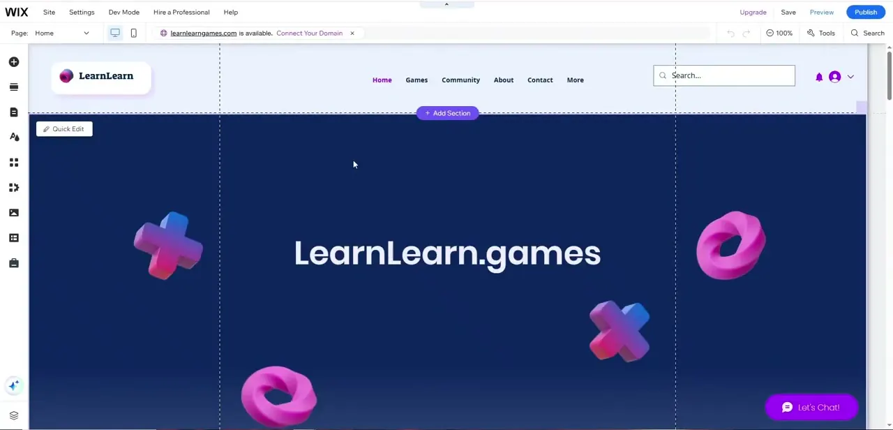 Wix's drag-and-drop editor mid-build on a site called LearnLearn.games, with an "+ Add Section" prompt, a Quick Edit shortcut, and a domain-connection banner in the toolbar.