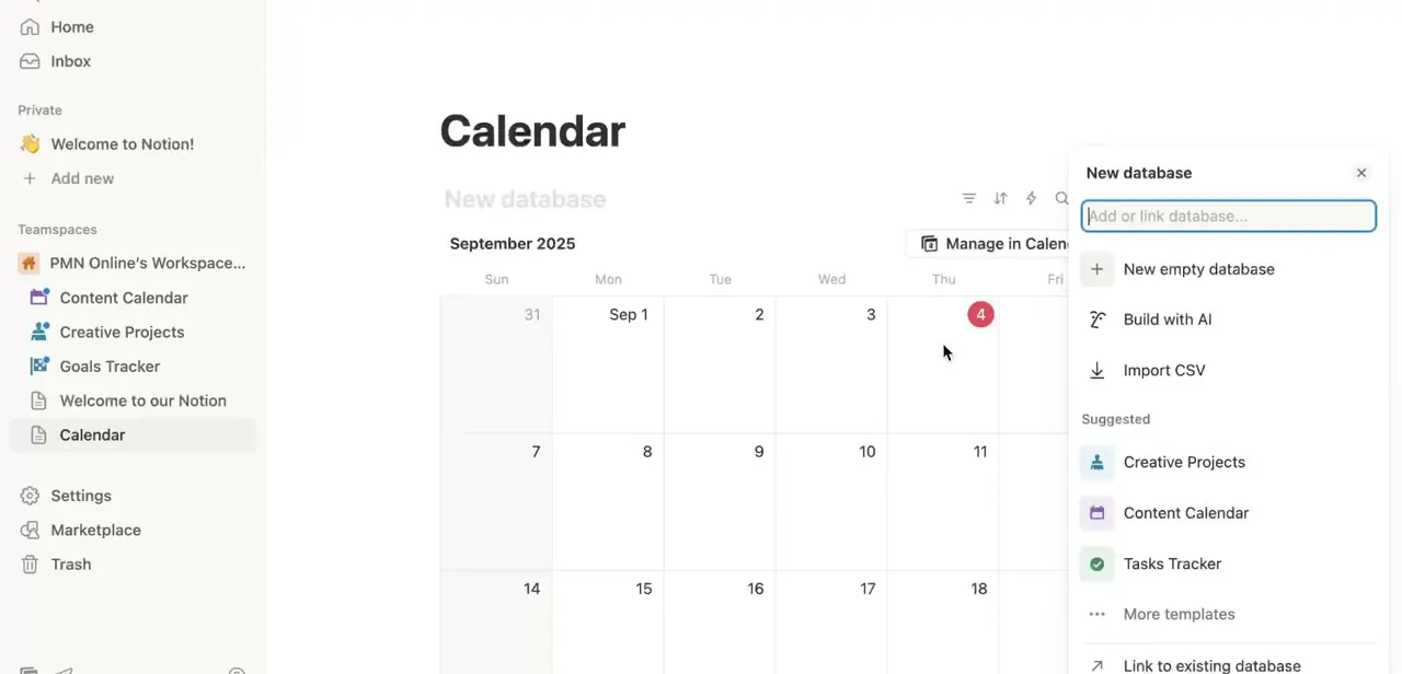The New database panel, offering an empty database, AI-built database, CSV import, or a link to an existing database like Content Calendar.