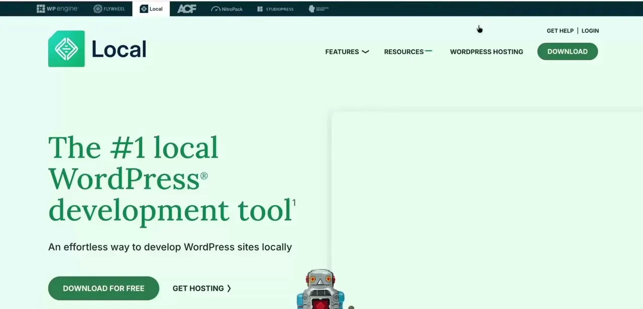 The Local by WP Engine homepage. It packages the web server, PHP, and database WordPress needs into one install, which is quicker to get running than configuring XAMPP or WAMP by hand.