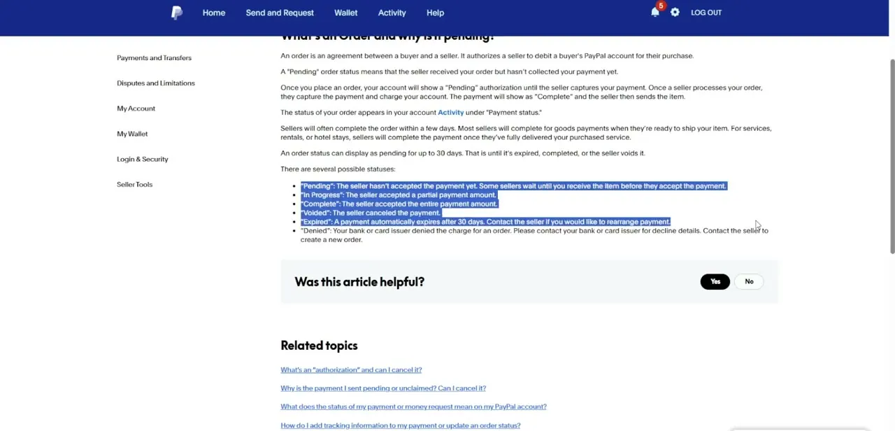PayPal's support article explaining what an order is and why it shows as pending, with the full list of possible statuses below it.