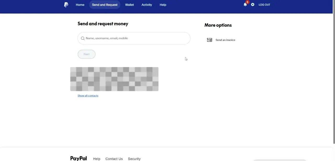 The Send and Request money screen, used to search for a contact by name, username, email, or mobile number.