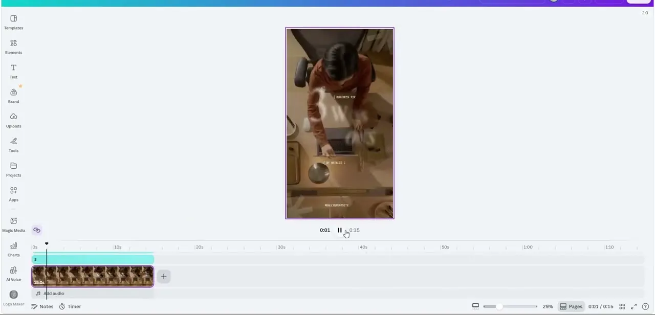 A vertical video clip loaded into Canva's Reel editor, with the timeline and clip thumbnails visible below the preview.