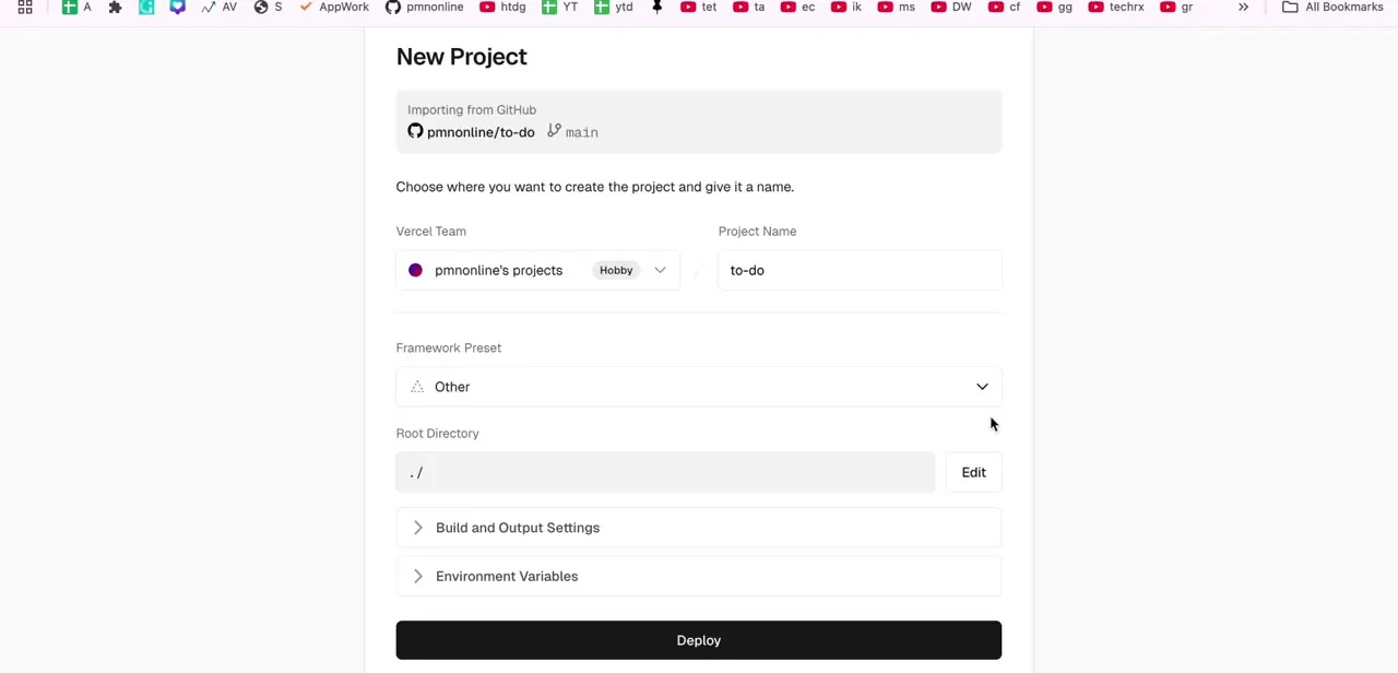 The New Project screen, importing from GitHub with the project name, Framework Preset set to Other, and Root Directory left at the default.