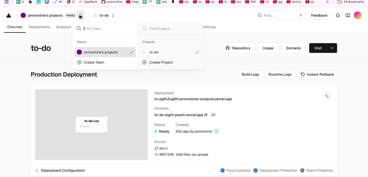 The Vercel dashboard's Production Deployment page, showing the live domain, deployment status, and the commit it was built from.