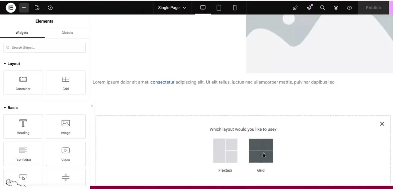 Choosing a container layout — Flexbox or Grid — before dragging in the Google Maps widget. This layout choice controls how the map sits next to other content on the page.