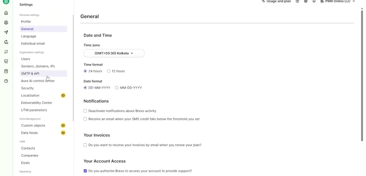 The Brevo settings sidebar. Senders, domains, IPs sits in Organization settings, separate from personal profile options like Language and Individual email.