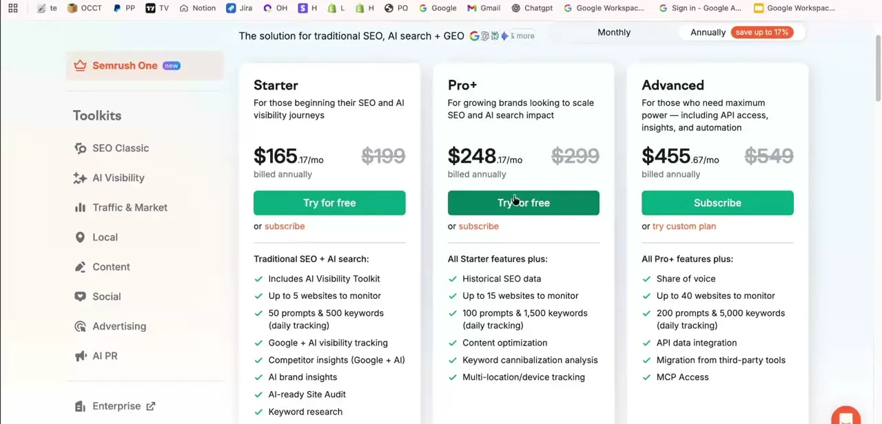 Semrush's pricing page comparing Starter, Pro+, and Advanced, with a "Try for free" button under the Pro+ column.