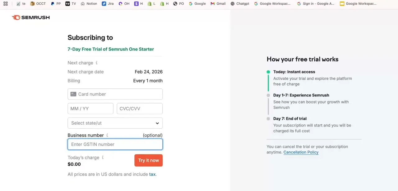 The trial signup screen showing the day-by-day "How your free trial works" timeline and a link to the cancellation policy.