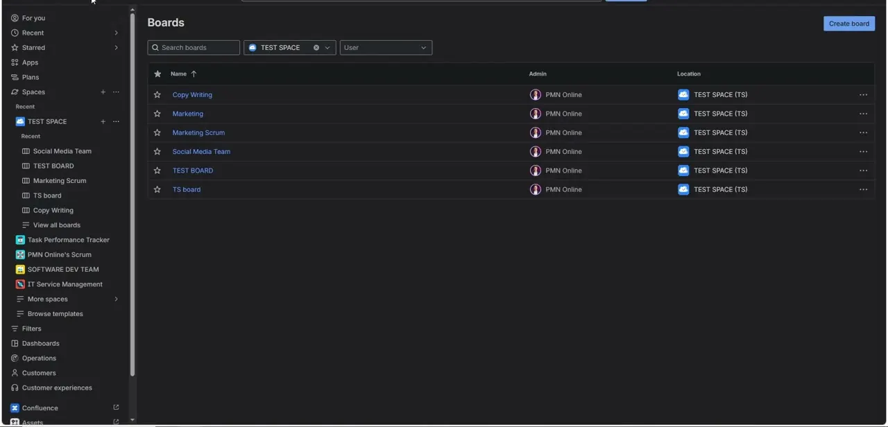 A Jira instance's board list under a space. These are the boards a Power BI connector will eventually read sprint and issue data from.