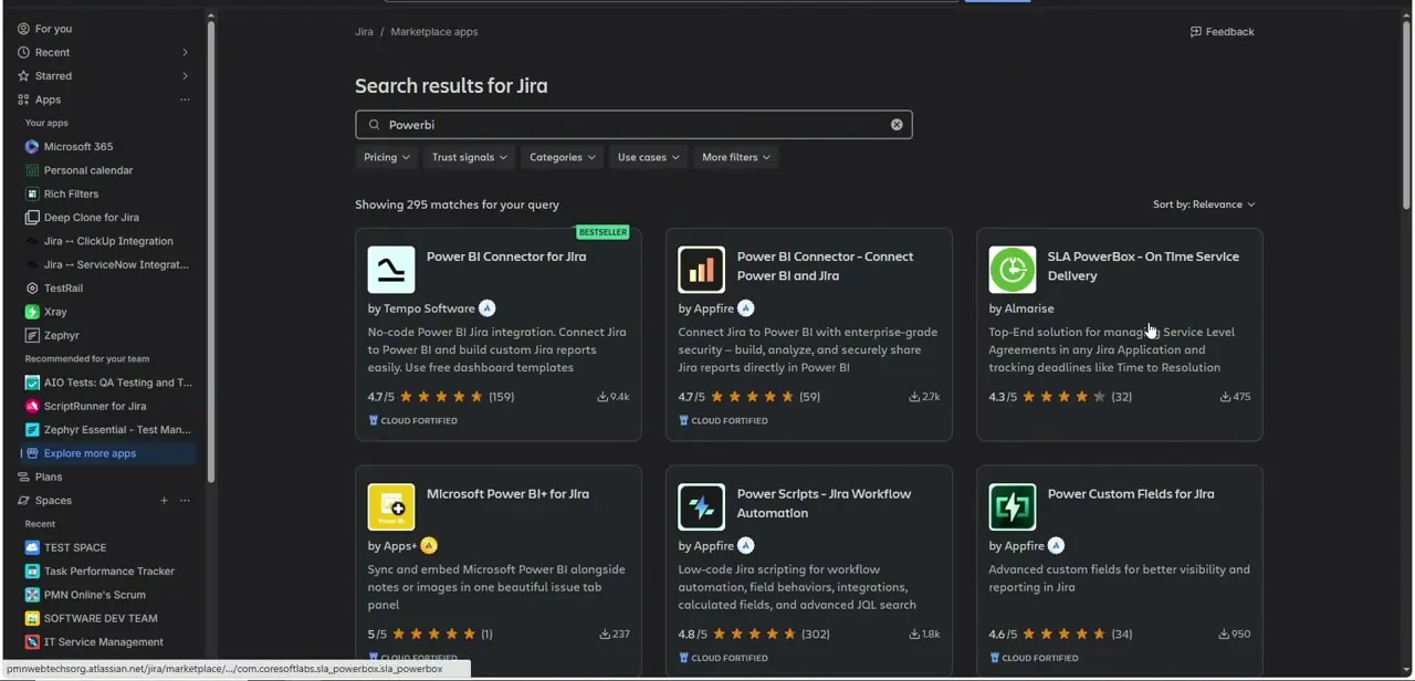 Marketplace search results for "powerbi" inside Jira, showing several competing connector apps with their ratings and install counts.