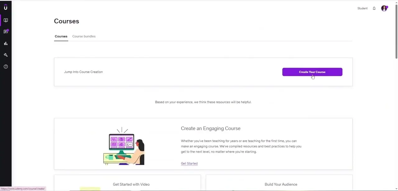 The Courses dashboard's "Jump Into Course Creation" panel, with a Create Your Course button and linked instructor resources below it.