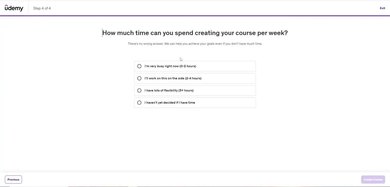 The wizard's final question, asking how many hours per week you can dedicate to building the course before creating it.