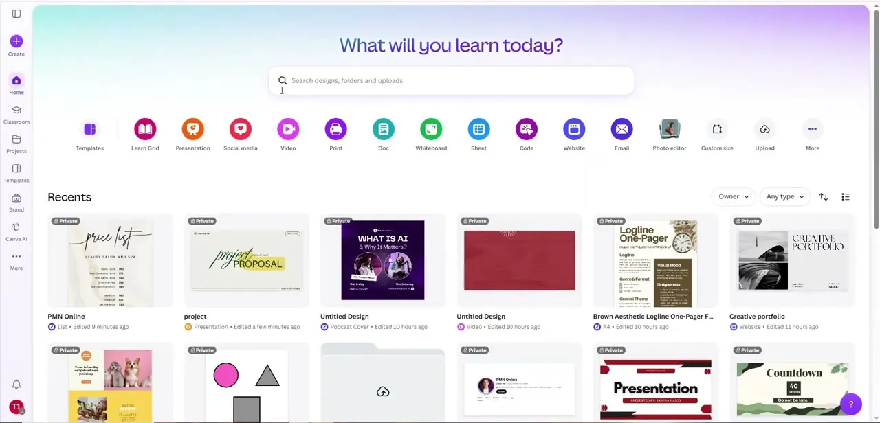 Canva's home dashboard, with format shortcuts across the top and recent designs listed below.