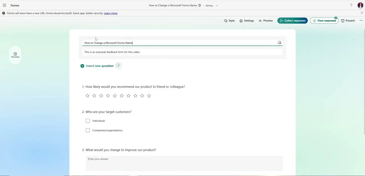 A form's title sitting in the editor as an active editable field, with the cursor placed and ready to type.