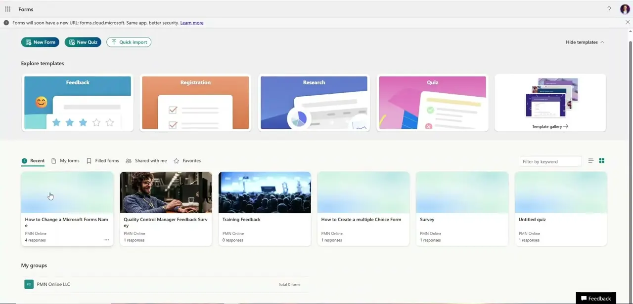 The Forms dashboard under the Recent tab, listing saved forms as tiles with their response counts — including the form we're about to rename.
