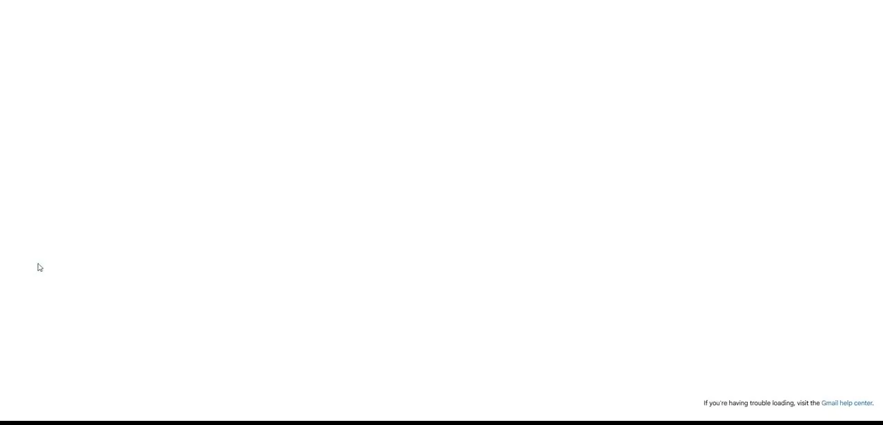 Gmail stuck on a blank loading screen with only a small link to the Gmail Help Center — the stalled-load version of a sync failure, with almost no error detail to go on.
