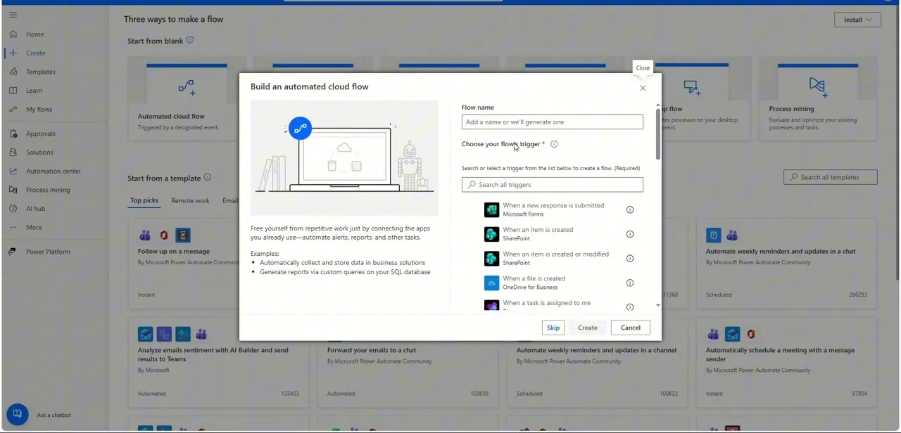 The trigger picker for a new automated cloud flow, listing built-in triggers you can search or scroll through before choosing one.