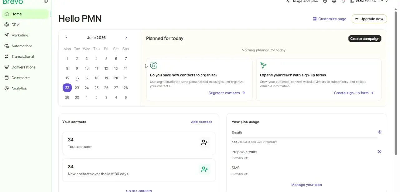 The Brevo dashboard home. Campaigns lives under Marketing in the left sidebar, which is where you'll open the email you want to add video to.