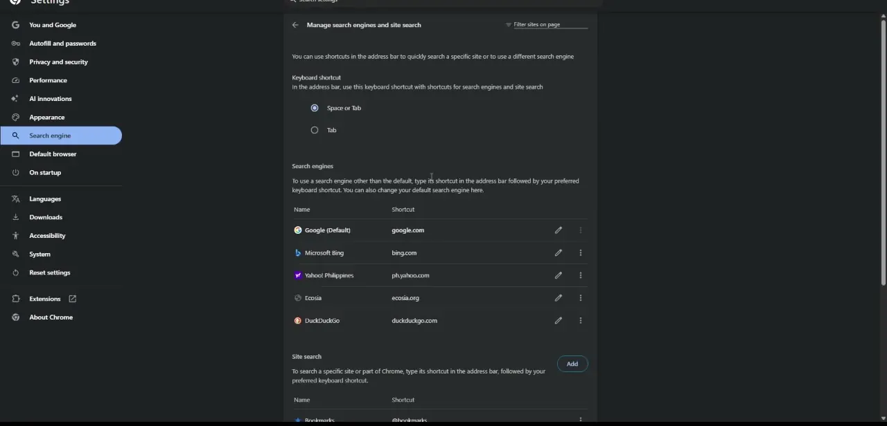 Chrome's Manage search engines and site search page, with Yahoo listed as an active search engine alongside Google, Bing, and DuckDuckGo.