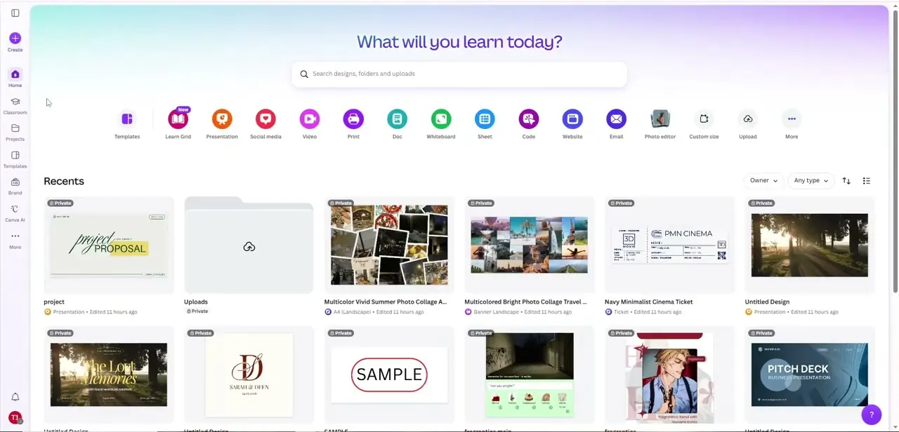 Canva's home dashboard, with format shortcuts along the top and a grid of recently edited designs.