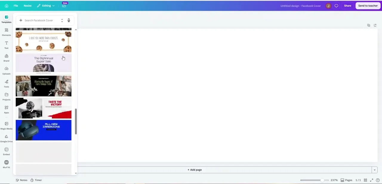 The Templates panel showing search results for "Facebook Cover," each thumbnail pre-sized to the correct banner dimensions.