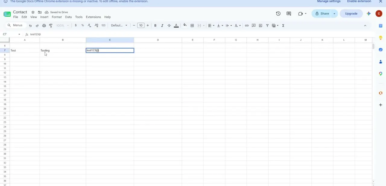 A source spreadsheet being prepped for import, with separate columns for a contact's name, a label, and their email address.