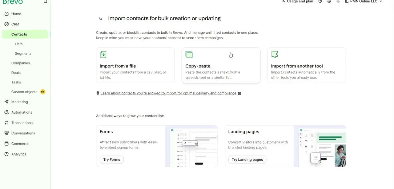 Brevo's contact import screen, offering three paths in: Import from a file, Copy-paste, and Import from another tool.