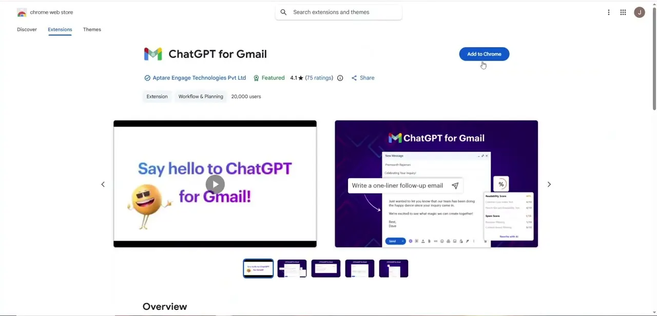 The Chrome Web Store listing for a ChatGPT-Gmail extension, showing its rating, user count, and a preview of the compose-window integration.
