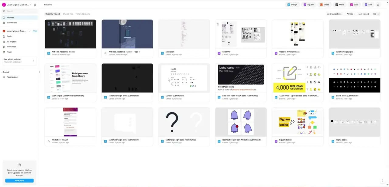 Figma's Recents page, listing full projects like "AntiTres Academic Tracker" alongside wireframes, icon packs, and community resource files.