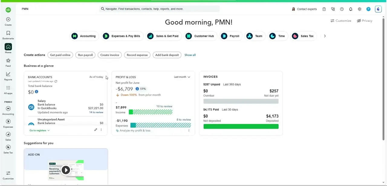 The QuickBooks Online homepage after logging in, with account balances and shortcuts across the top.