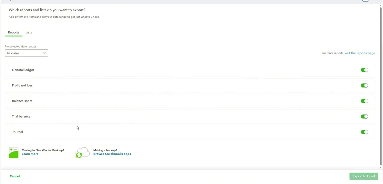 General ledger and every other report toggled on and ready, with the Export to Excel button active in the bottom right.