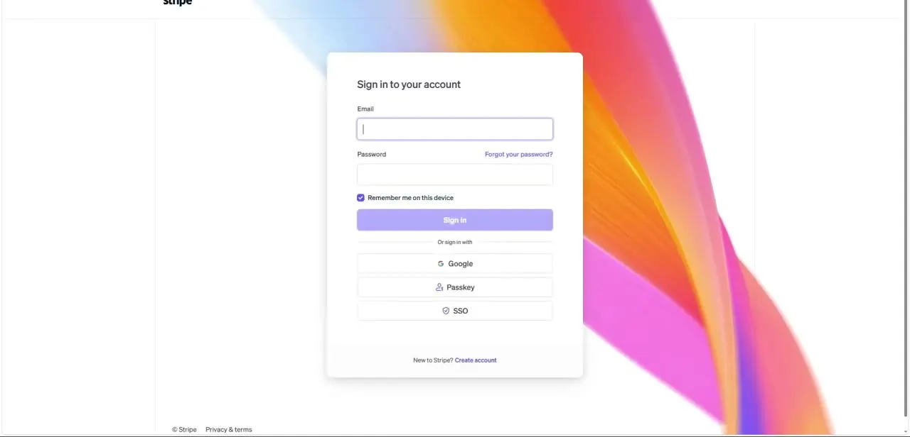 Stripe's sign-in screen — confirm your Stripe account is active and verified before starting the QuickBooks connection.